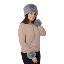 Load image into Gallery viewer, Gray Faux Fur Hat and Cuff Pair with Plastic Pearl Brooch
