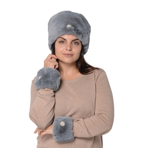 Gray Faux Fur Hat and Cuff Pair with Plastic Pearl Brooch
