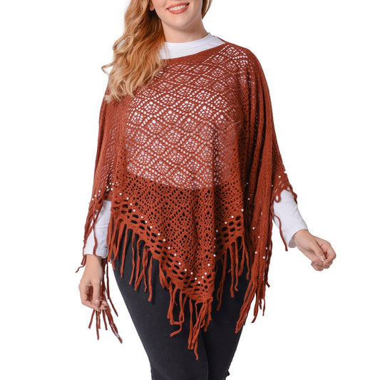 Coffee Chevron Pattern Knitted Poncho with Pearl Accent