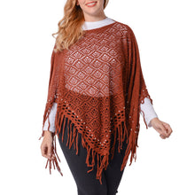 Load image into Gallery viewer, Coffee Chevron Pattern Knitted Poncho with Pearl Accent
