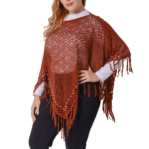 Coffee Chevron Pattern Knitted Poncho with Pearl Accent