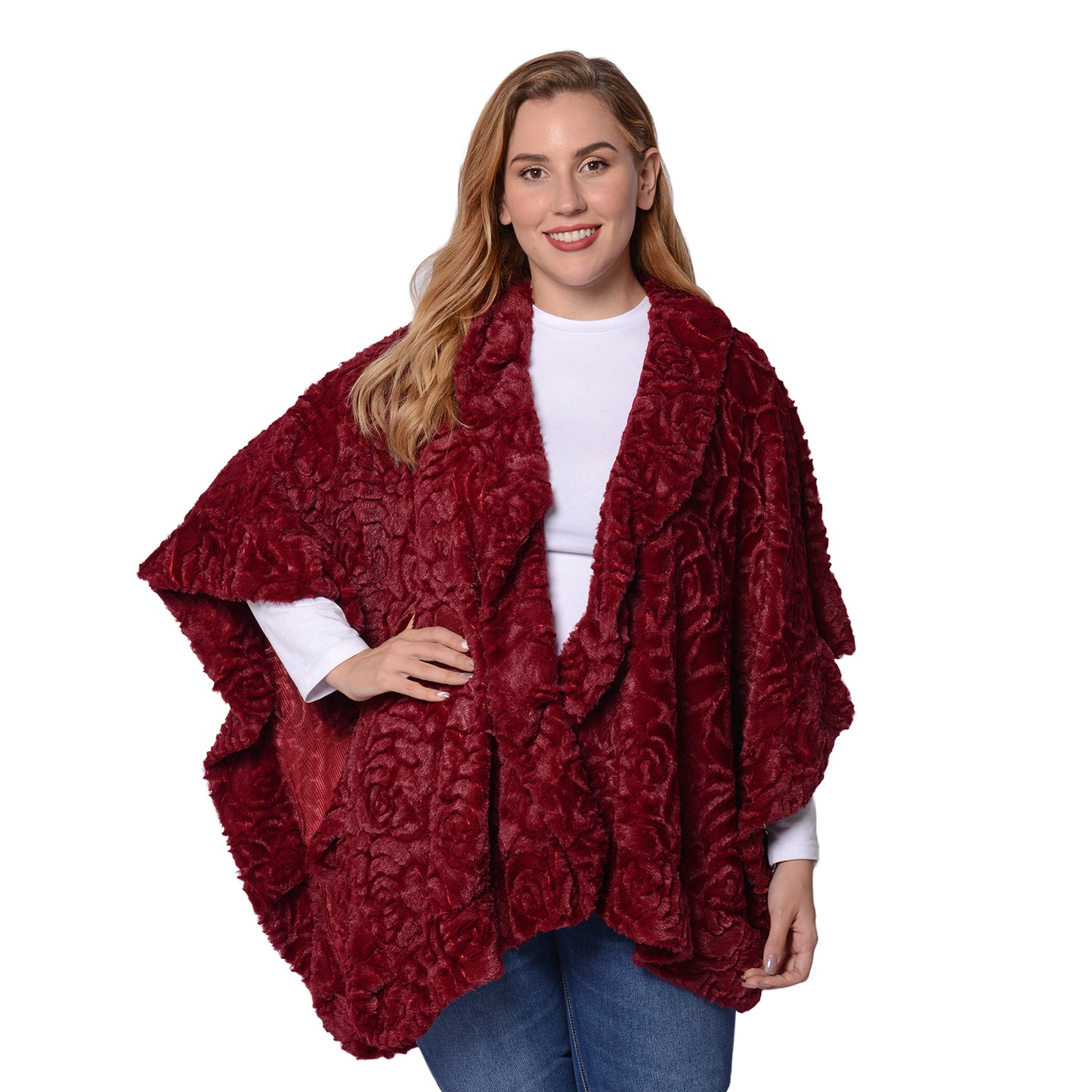 Women's Stylish Burgundy Embossed Rose Pattern Ruana Size L/XL