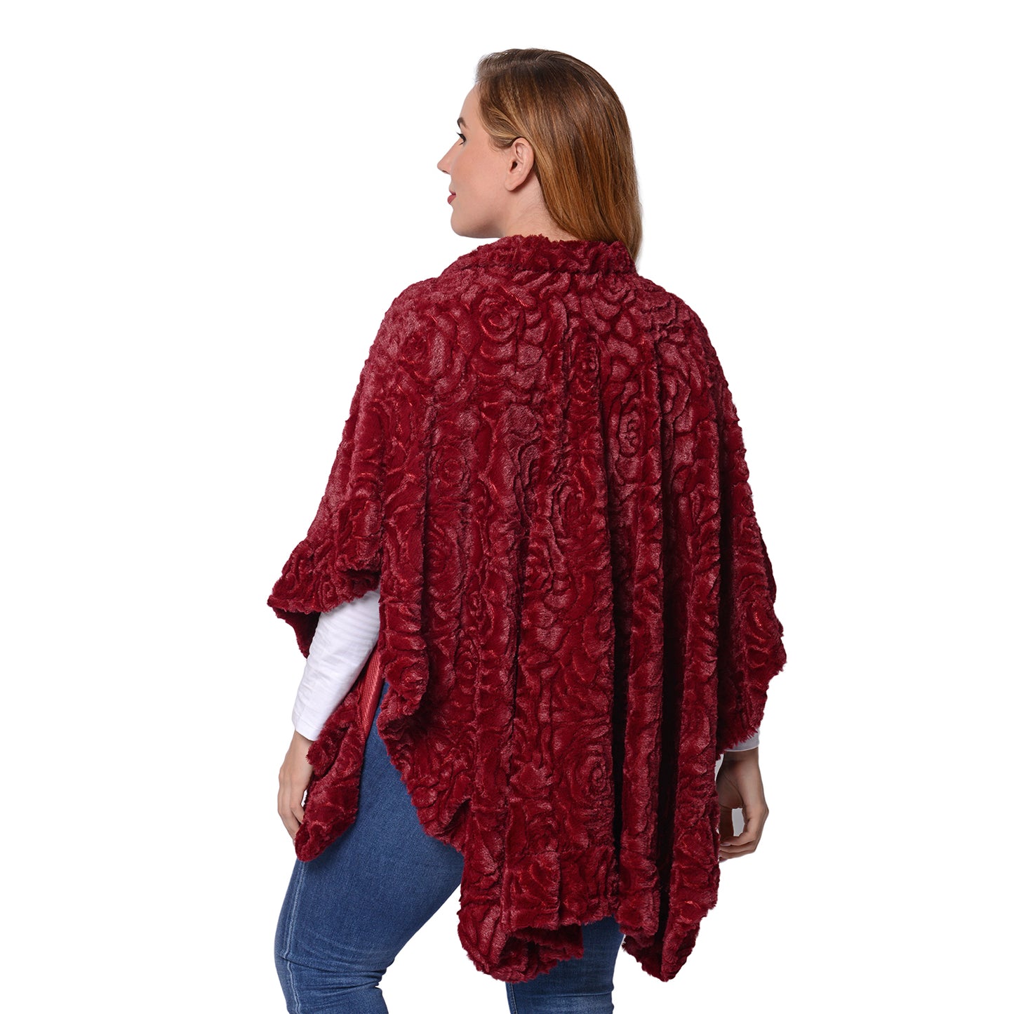 Women's Stylish Burgundy Embossed Rose Pattern Ruana Size L/XL