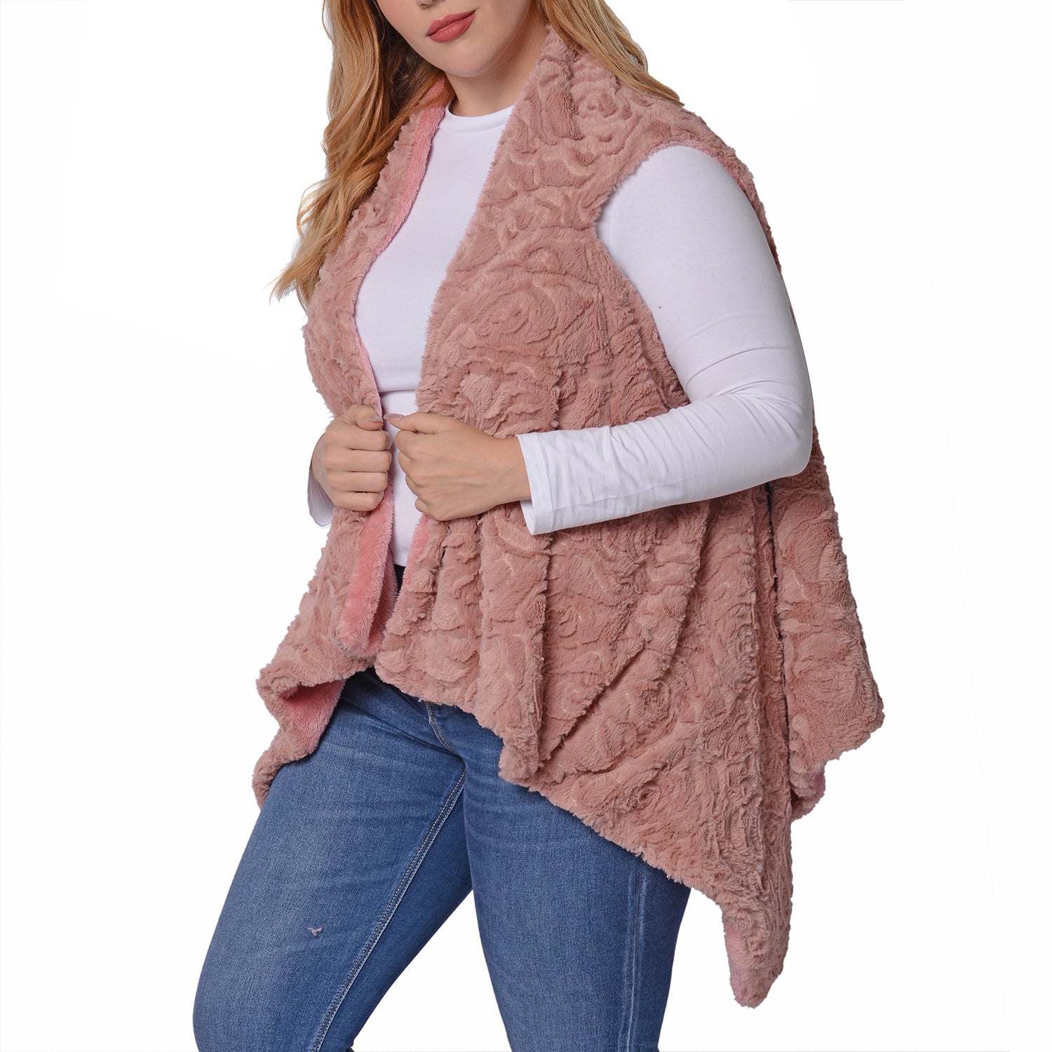 Women's Embossed Rose Pattern Faux Fur Vest Size L/XL