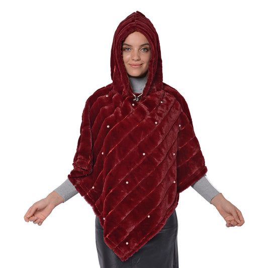 Burgundy Faux Fur Drawstring Hooded Textured Poncho