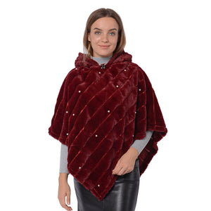 Burgundy Faux Fur Drawstring Hooded Textured Poncho