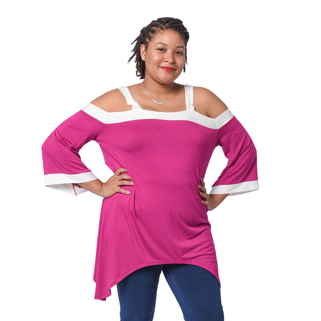 Fuchsia Cold Shoulder Tunic One Size Missy Viscose and Spandex
