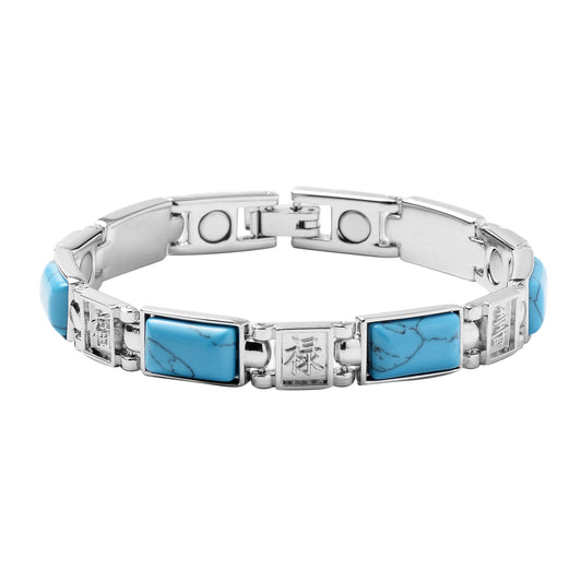 Hongkong Designer Inspired Magnetic Blue Howlite Chinese Blessing Characters Engraved Bracelet