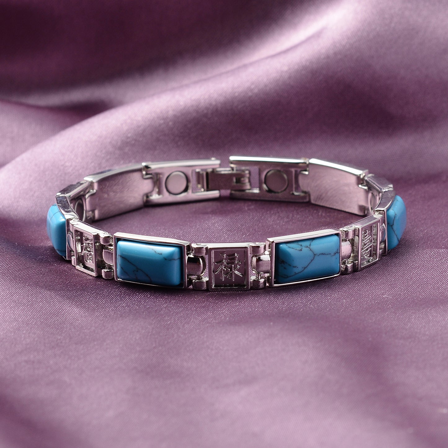 Hongkong Designer Inspired Magnetic Blue Howlite Chinese Blessing Characters Engraved Bracelet