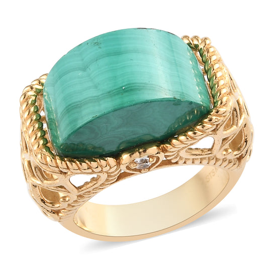 Karis African Malachite and Natural White Zircon Yellow Gold Ring Size 7