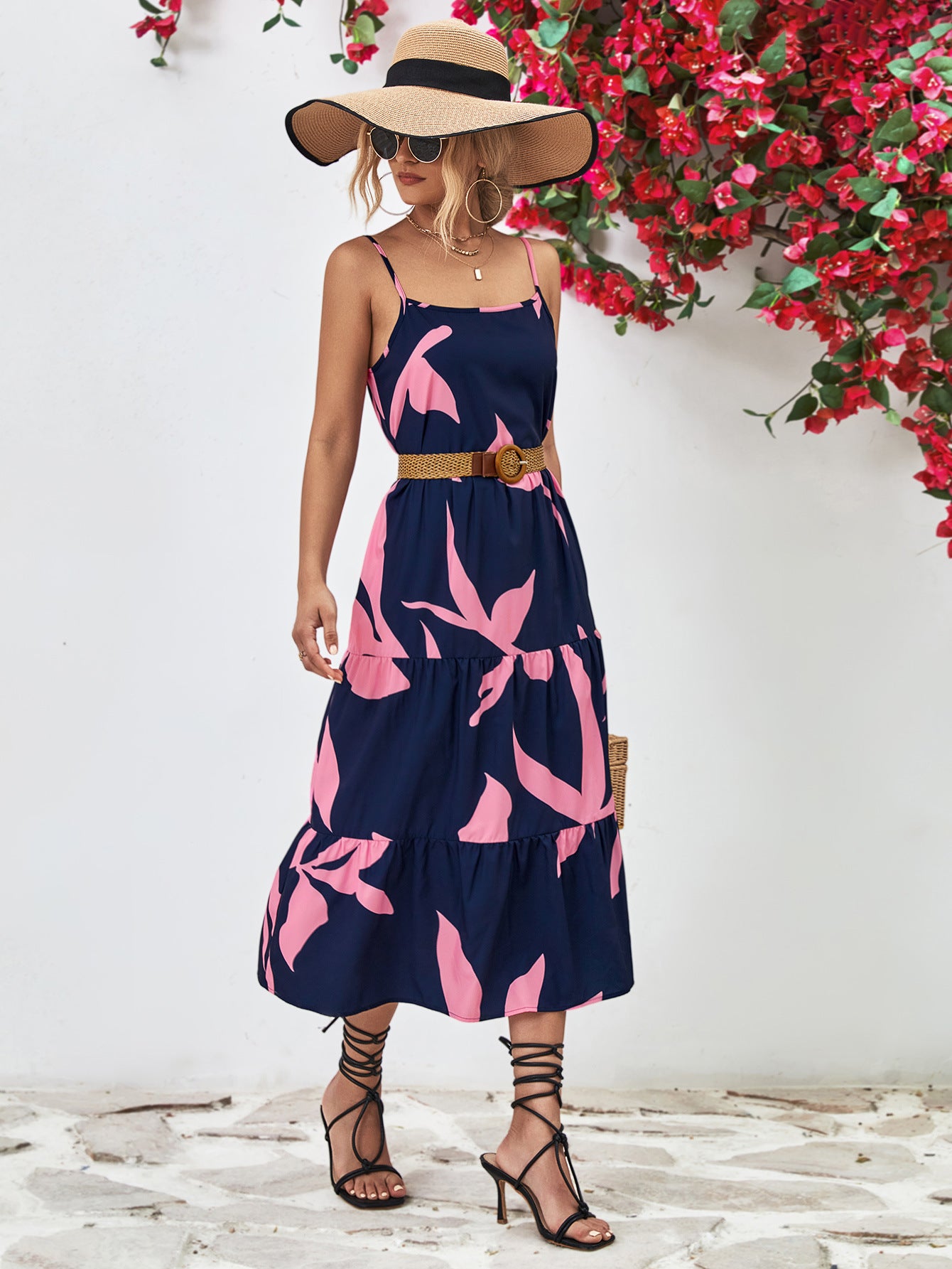 Printed Spaghetti Strap Tiered Midi Dress