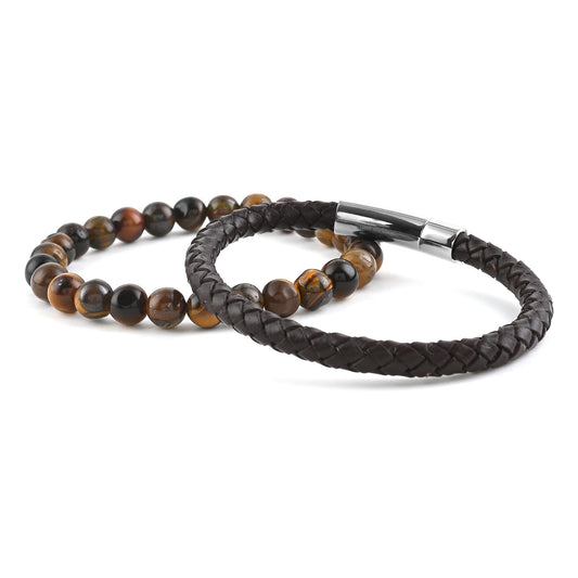 Set of 2 Multi Gemstone Stretch Beaded Bracelet and Brown Leather Bracelet