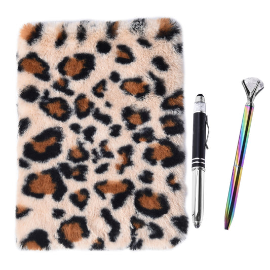 3D Faux Fur Leopard Print Diary with LED Pointer Pen & Simulated Diamond Pen