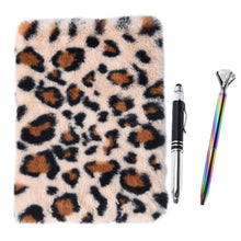 Load image into Gallery viewer, 3D Faux Fur Leopard Print Diary with LED Pointer Pen &amp; Simulated Diamond Pen
