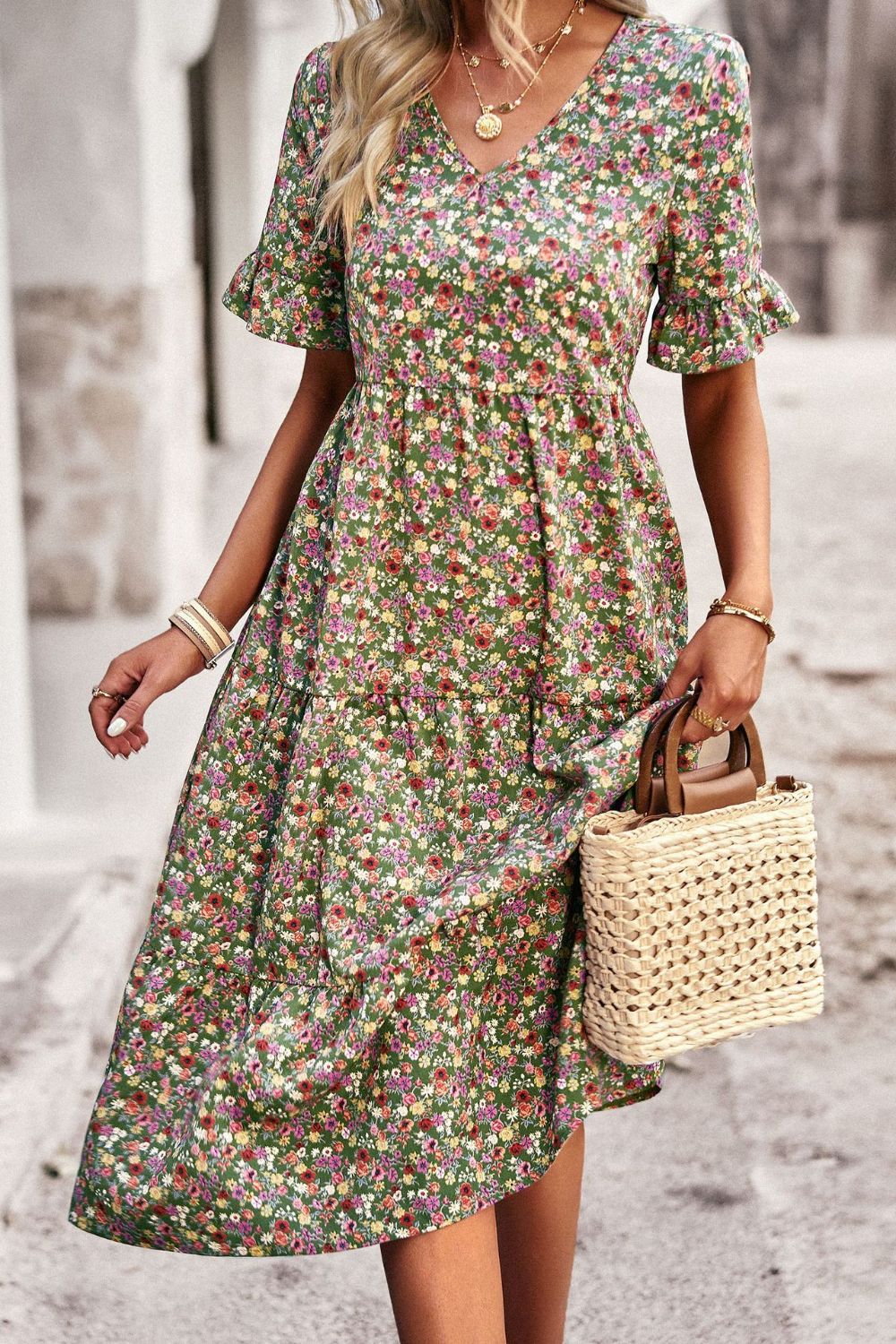 Floral V-Neck Flounce Sleeve Midi Dress