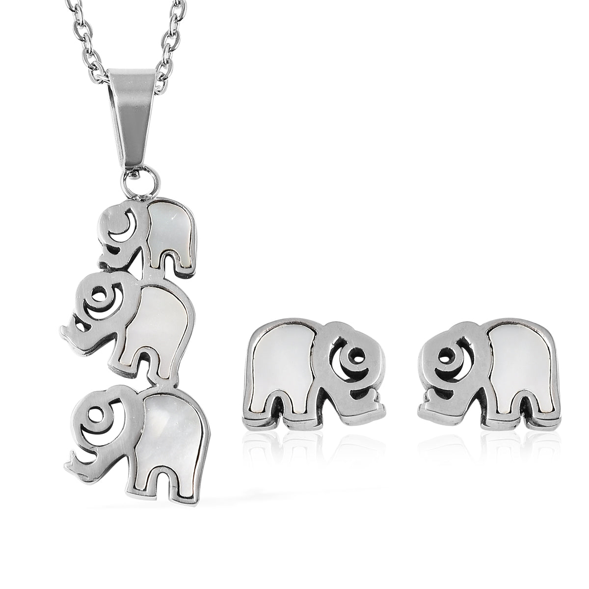 White Mother of Pearl Elephant Stud Earrings and Pendant Necklace