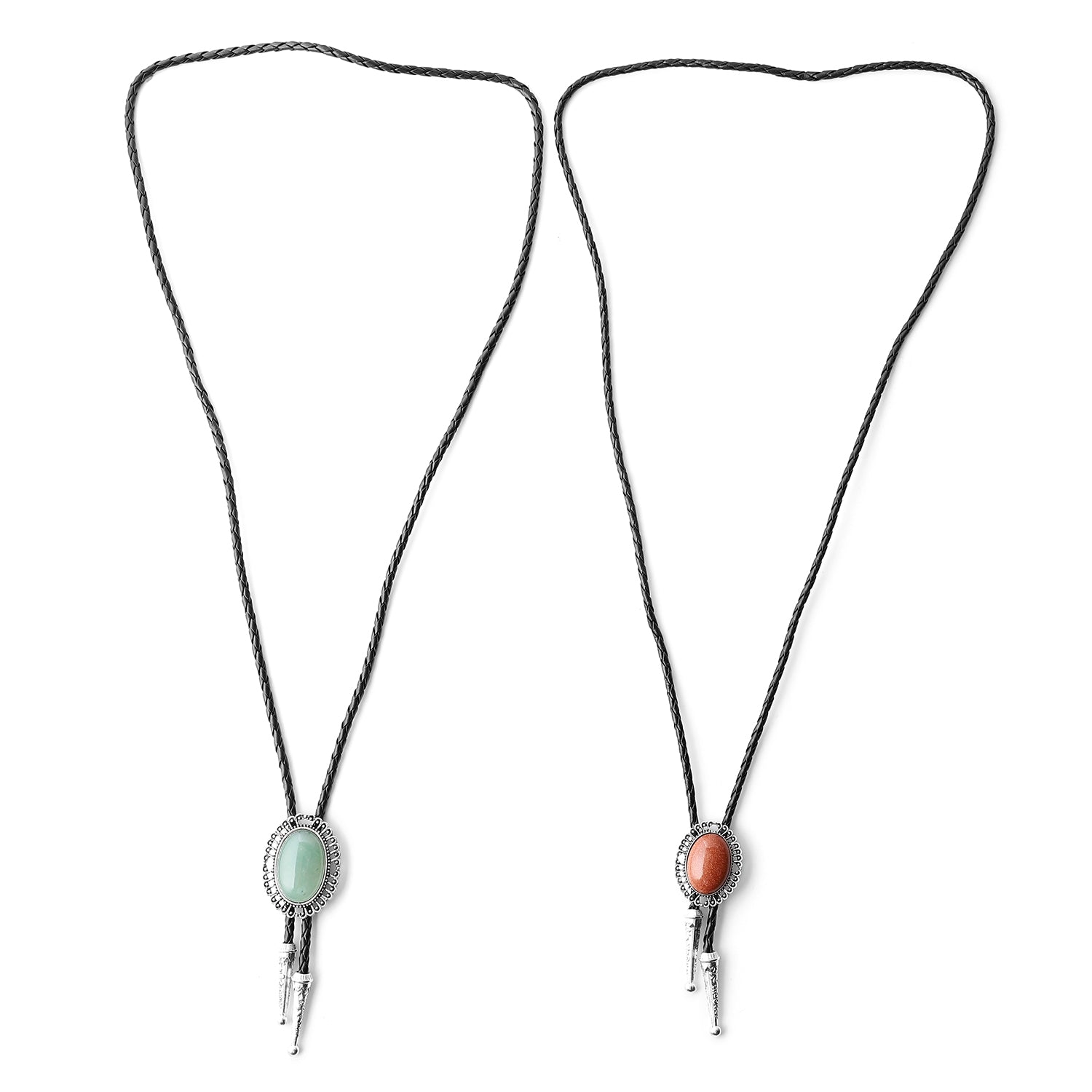 2 Set Gold Sandstone, Green Aventurine Faux Leather Adjustable Lariat Necklace