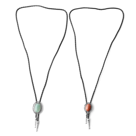 2 Set Gold Sandstone, Green Aventurine Faux Leather Adjustable Lariat Necklace