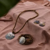 Carved Gray Shell Pendant With Golden Seed Bead Necklace and Matching Bracelet and Earrings