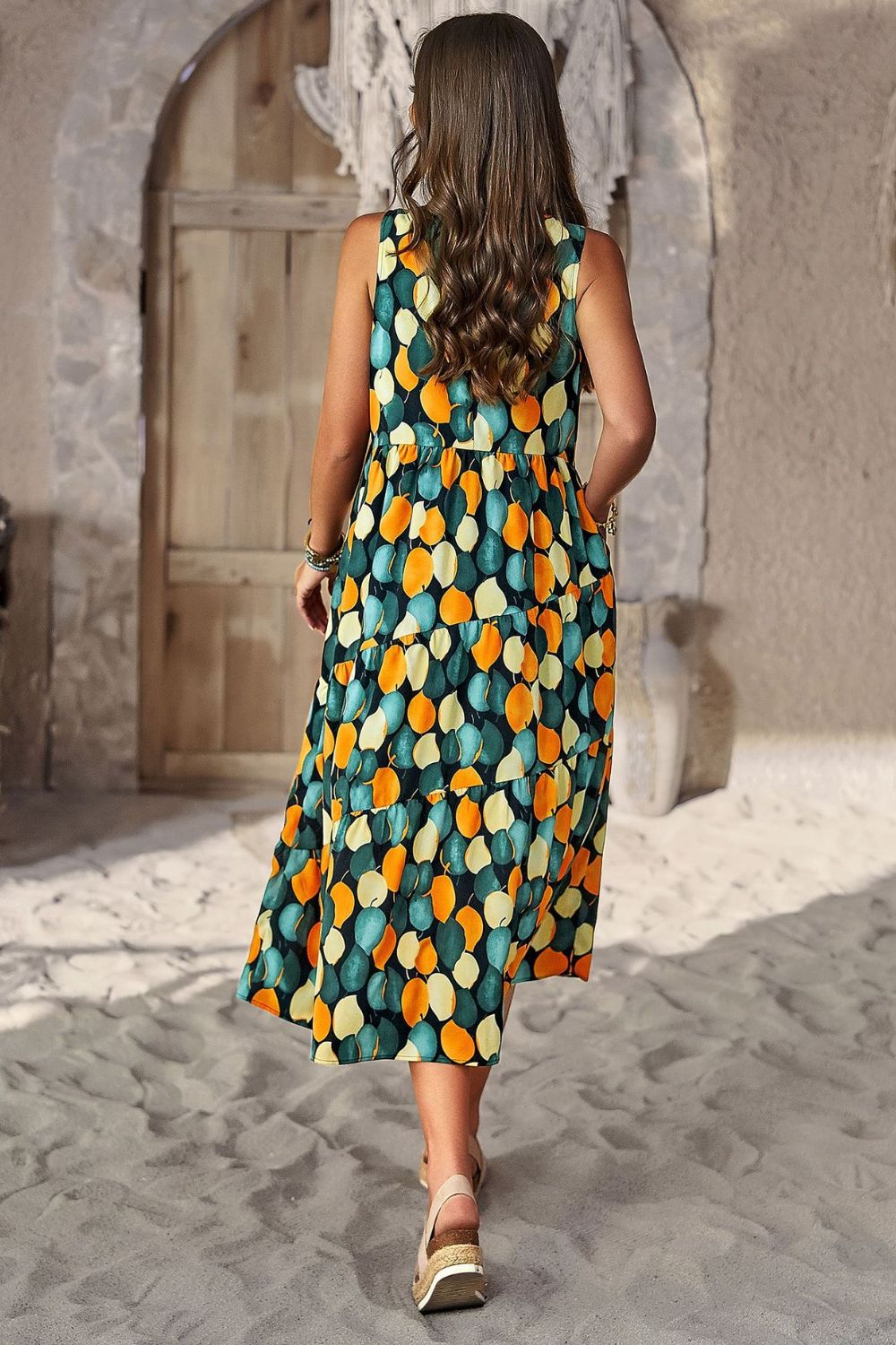 Printed Sleeveless Midi Dress with Pocket