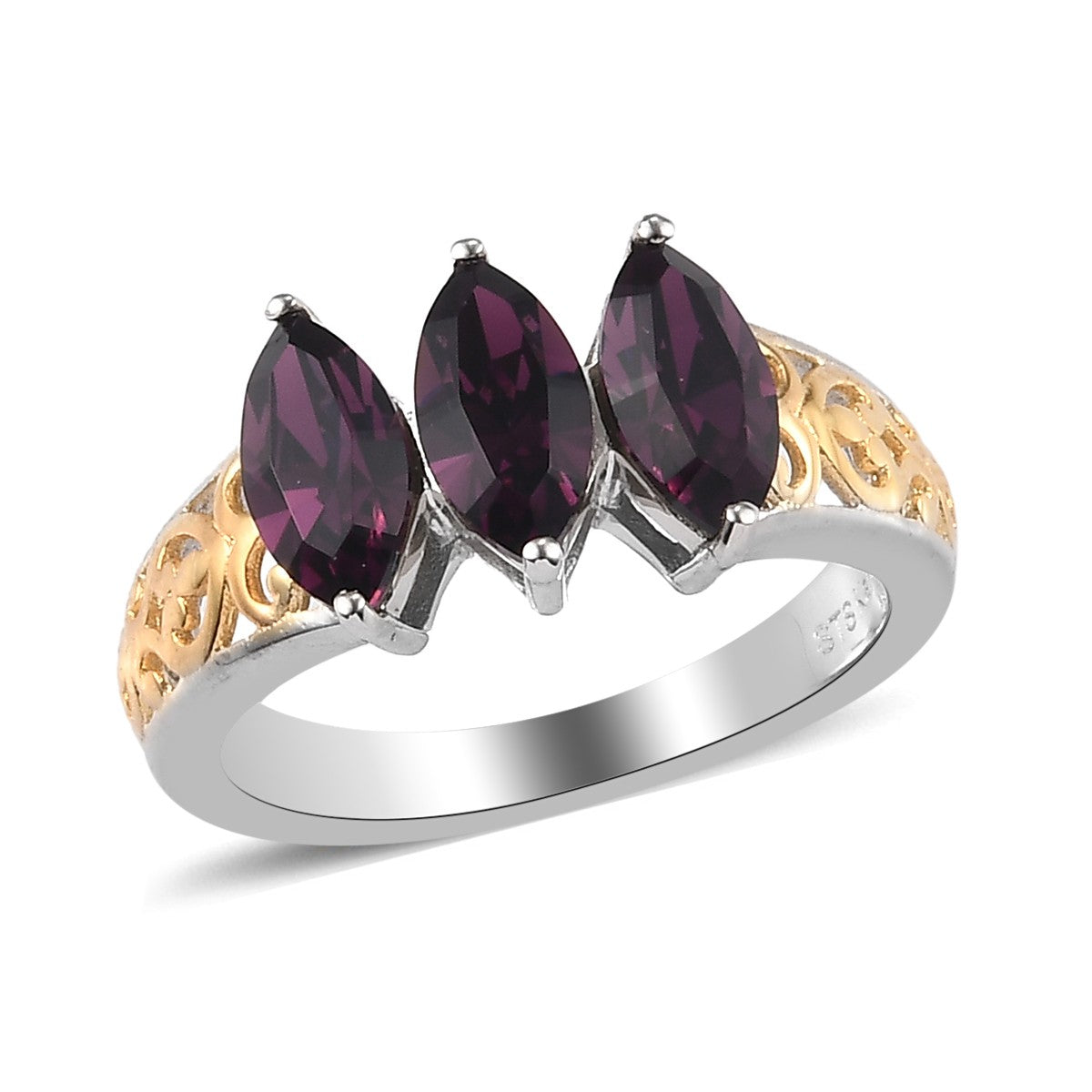 Foilback Amethyst Crystal 3 Stone Ring