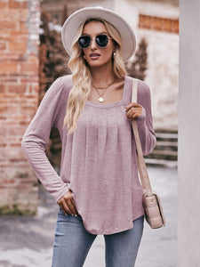 Pleated Detail Curved Hem Long Sleeve Top
