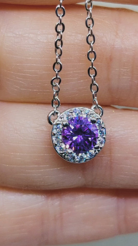 Purple Sapphire and Diamond Halo Necklace