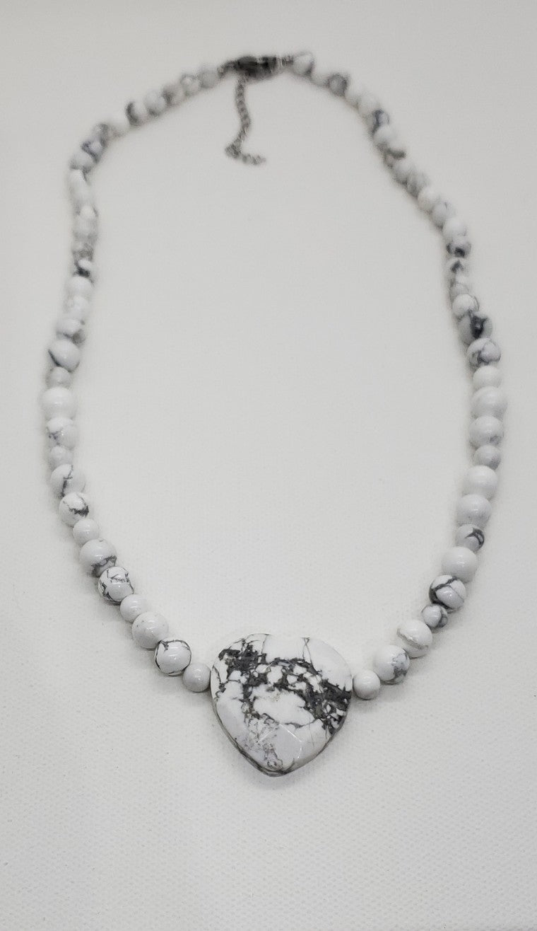 White Howlite Beaded Heart Necklace