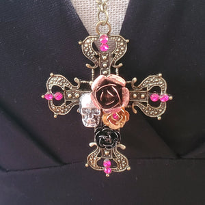 Retro Skull, Flower and Cross Necklace