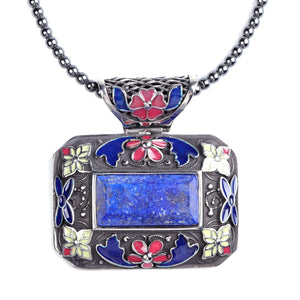 Lapis Lazuli and Enameled Pendant With Hematite Beads Necklace 18 Inch 
