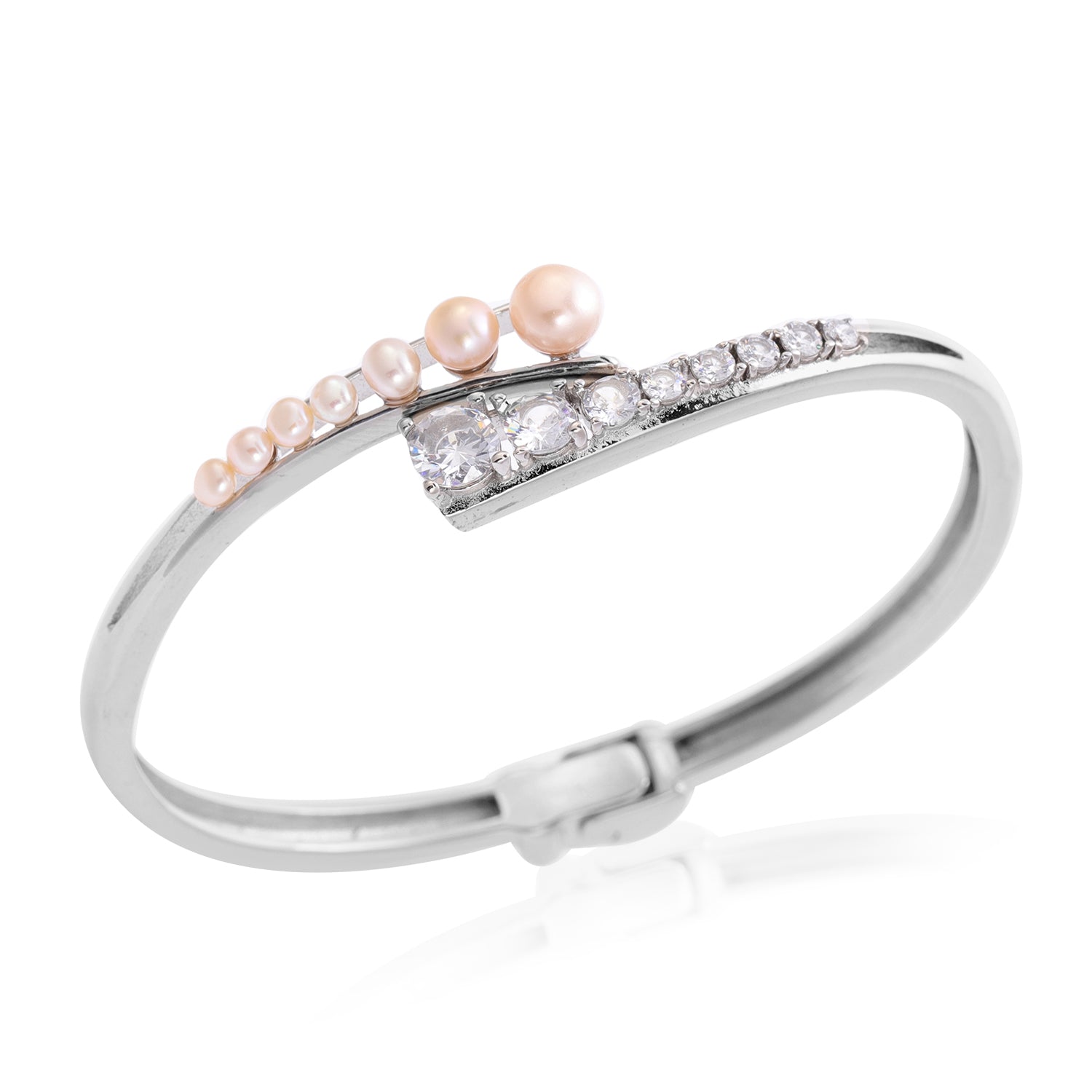 Peach Freshwater Pearl and Simulated Diamond Bangle Bracelet