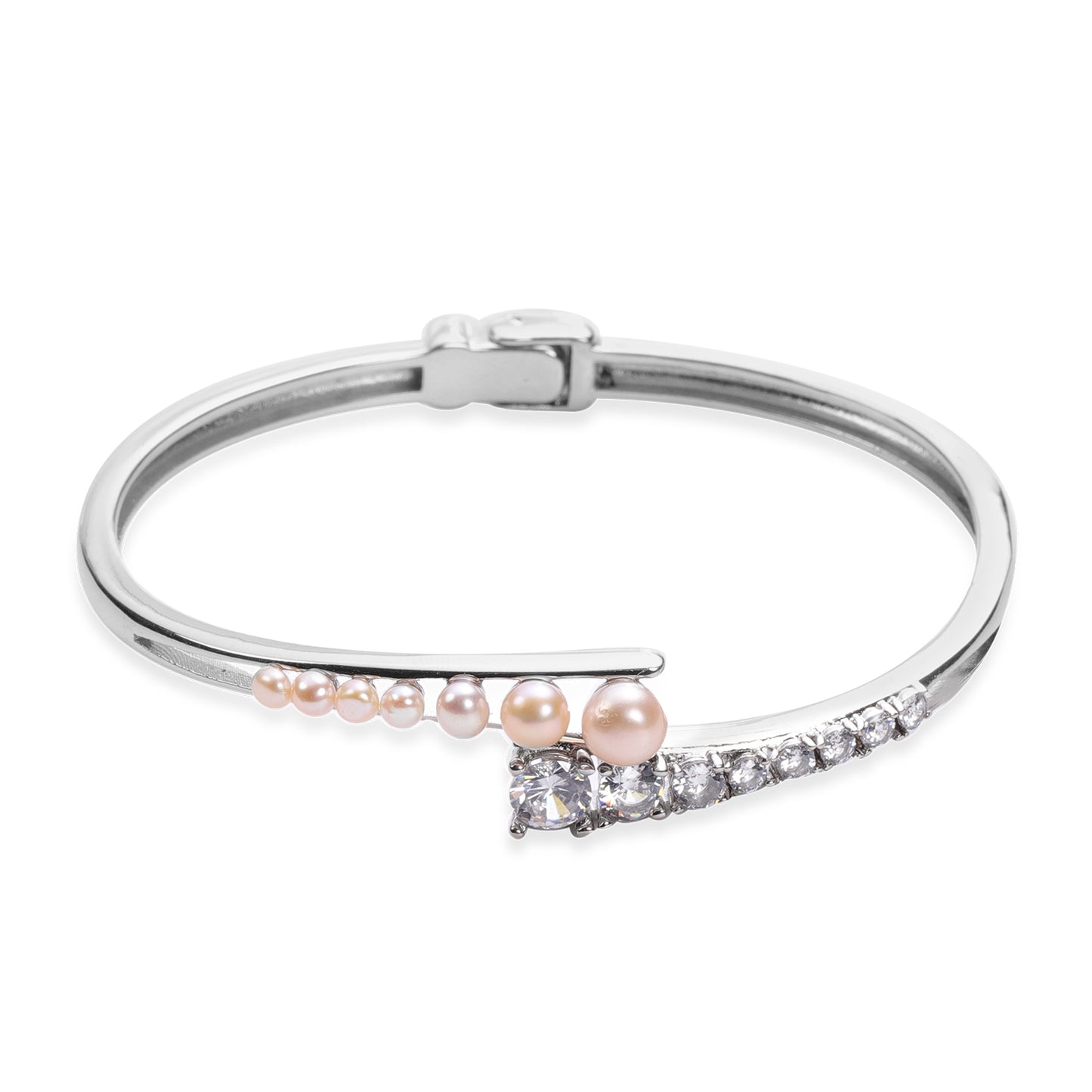 Peach Freshwater Pearl and Simulated Diamond Bangle Bracelet