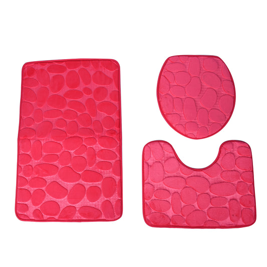 Fuchsia Polyester Door Mat, Toilet Mat and Toilet Cover - 3 Piece Set