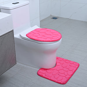 Fuchsia Polyester Door Mat, Toilet Mat and Toilet Cover - 3 Piece Set