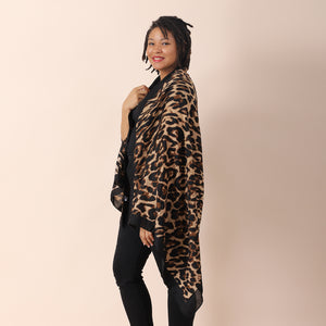 Women's Dark Brown Leopard Pattern Cotton & Linen Scarf