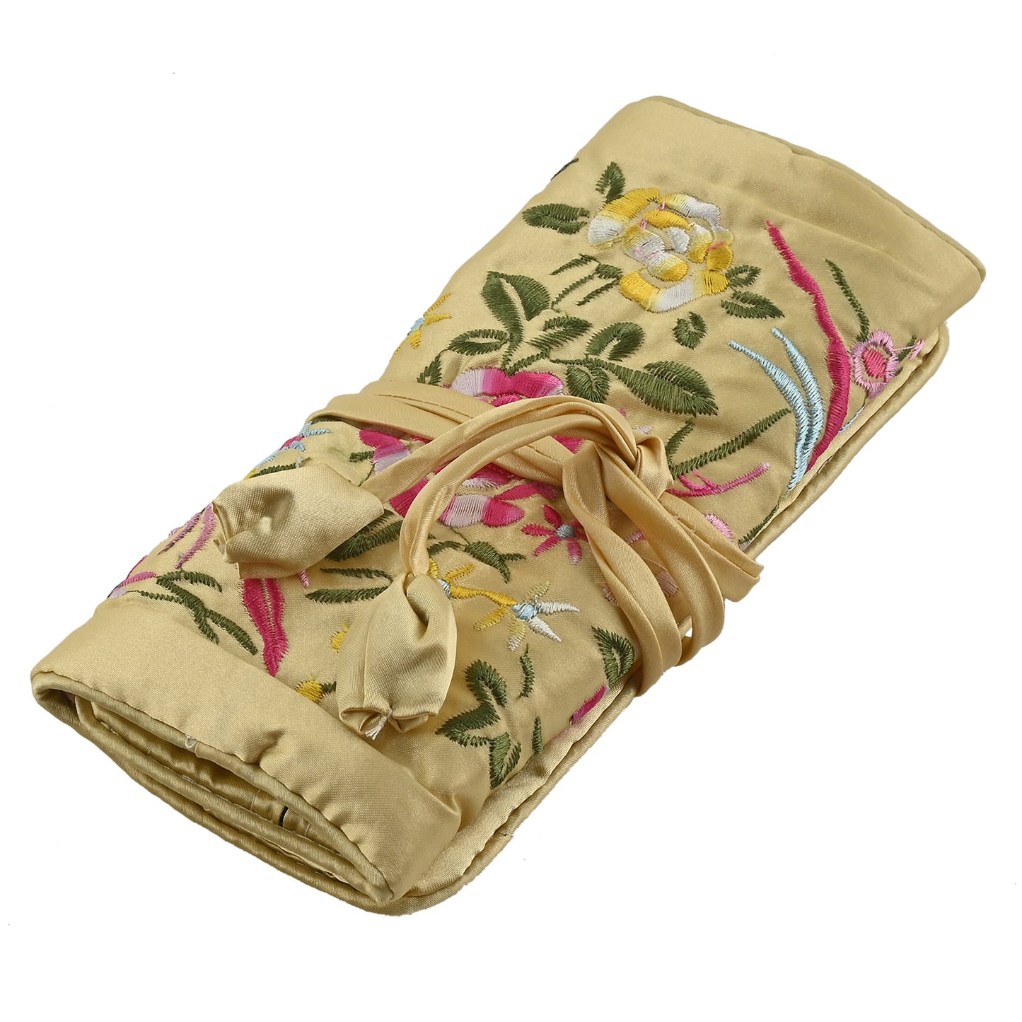 Cream Floral Embroidery Pattern Satin Travel Jewelry Roll