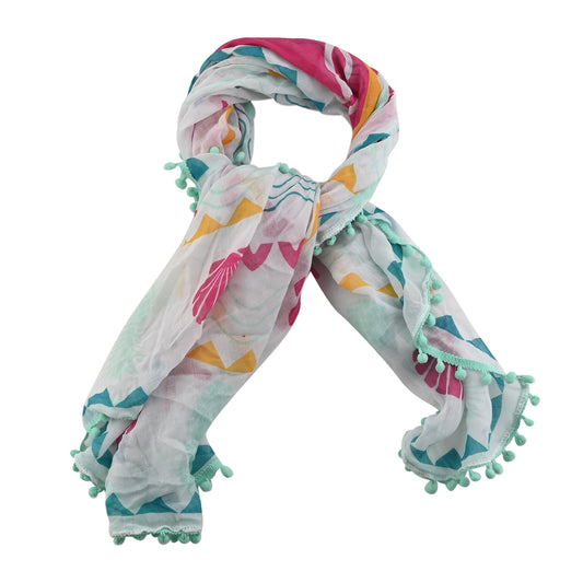 Stylish Multi Color Tropical Print Scarf with Pom Pom Trim