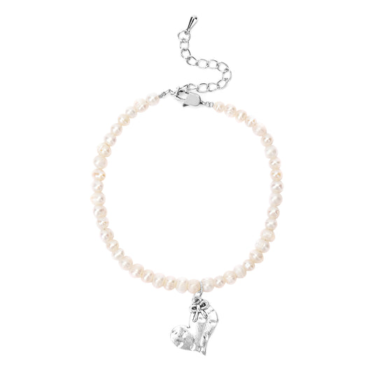 White Freshwater Cultured Pearl Heart Charm Anklet