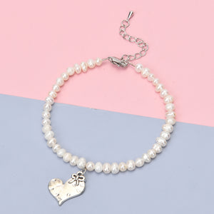 White Freshwater Cultured Pearl Heart Charm Anklet