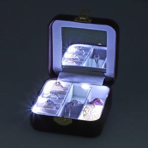 Faux Leather LED Light Travel Jewelry Box with Latch Clasp & Mirror
