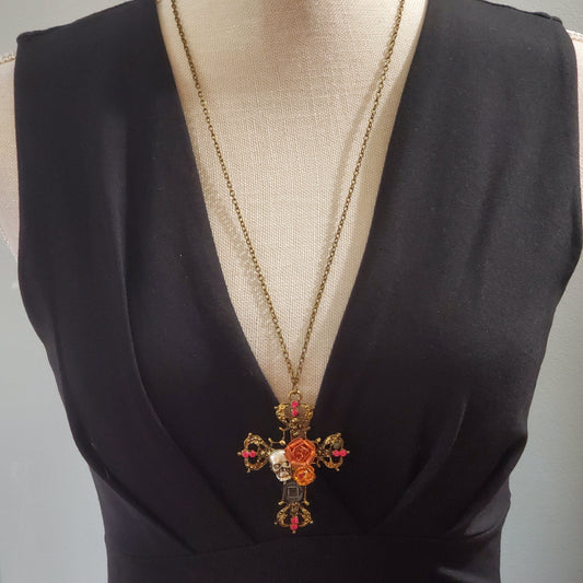 Retro Skull, Flower and Cross Necklace