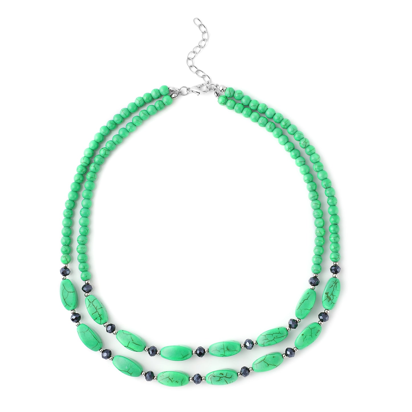 Green Howlite and Simulated Blue Diamond Dual-Row Necklace