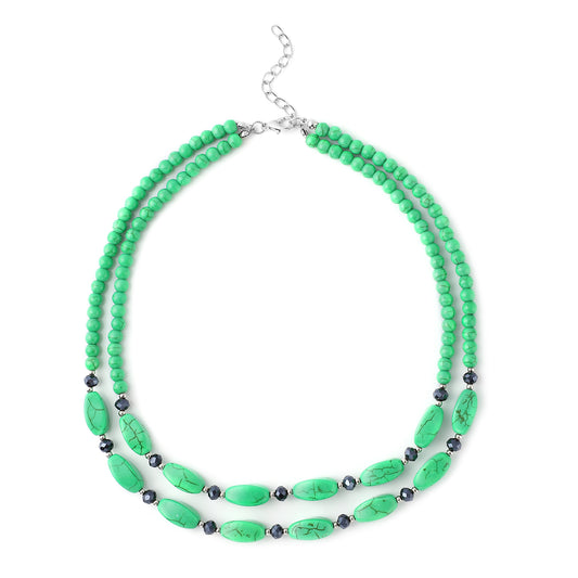 Green Howlite and Simulated Blue Diamond Dual-Row Necklace