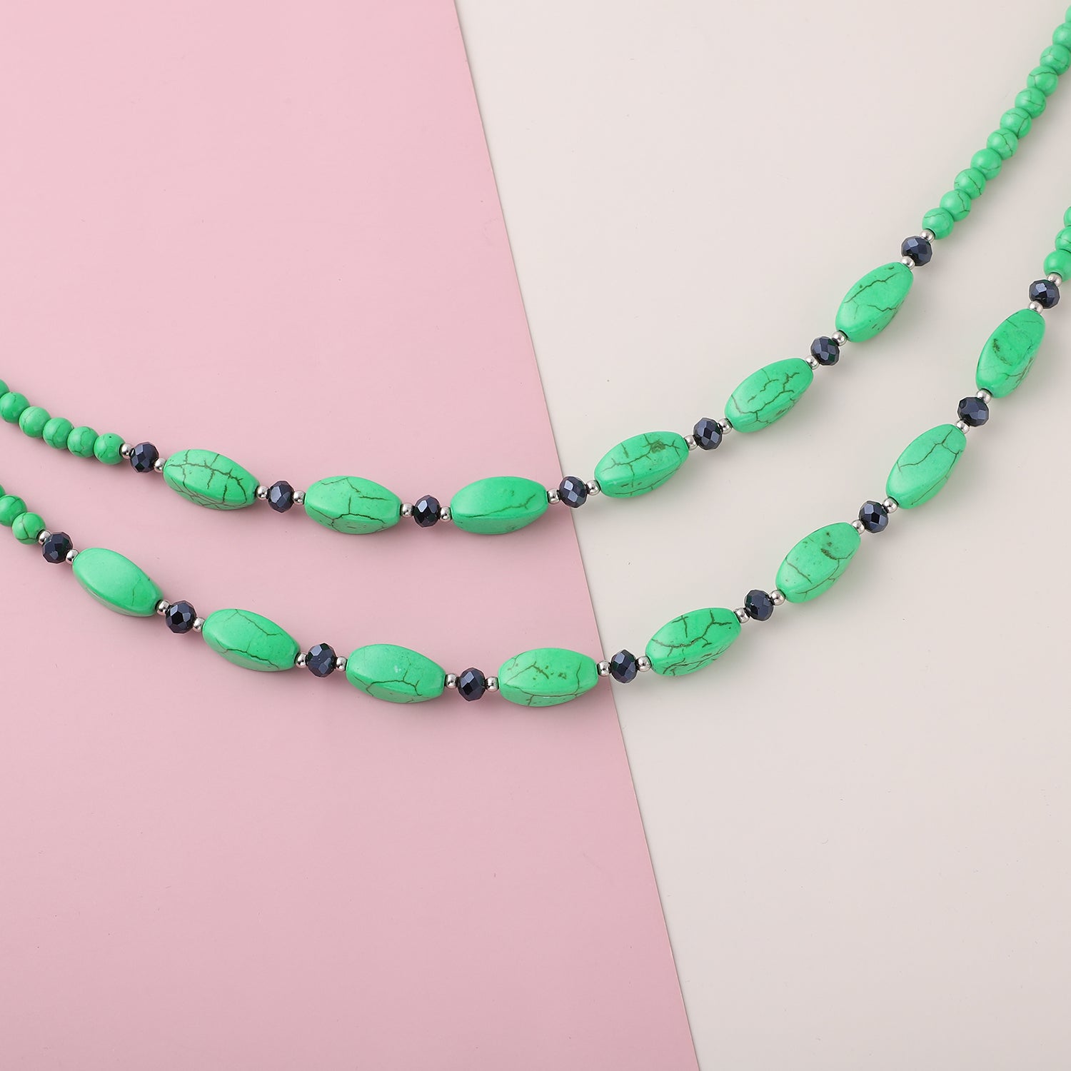 Green Howlite and Simulated Blue Diamond Dual-Row Necklace