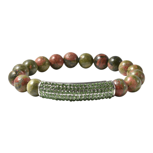 Unakite Beaded and Neon Green Crystal Bracelet with Center Charm