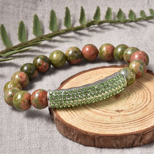 Load image into Gallery viewer, Unakite Beaded and Neon Green Crystal Bracelet with Center Charm
