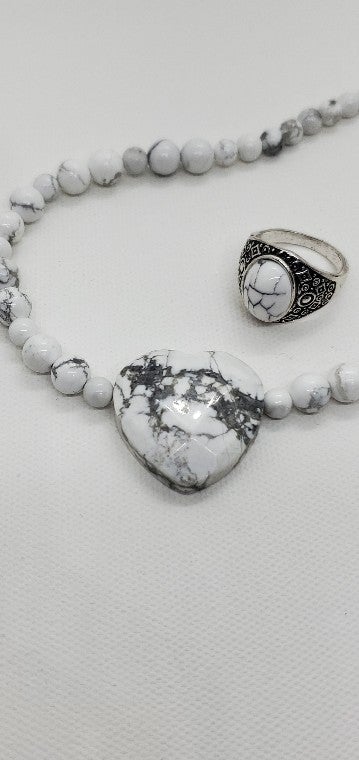 White Howlite Beaded Heart Necklace