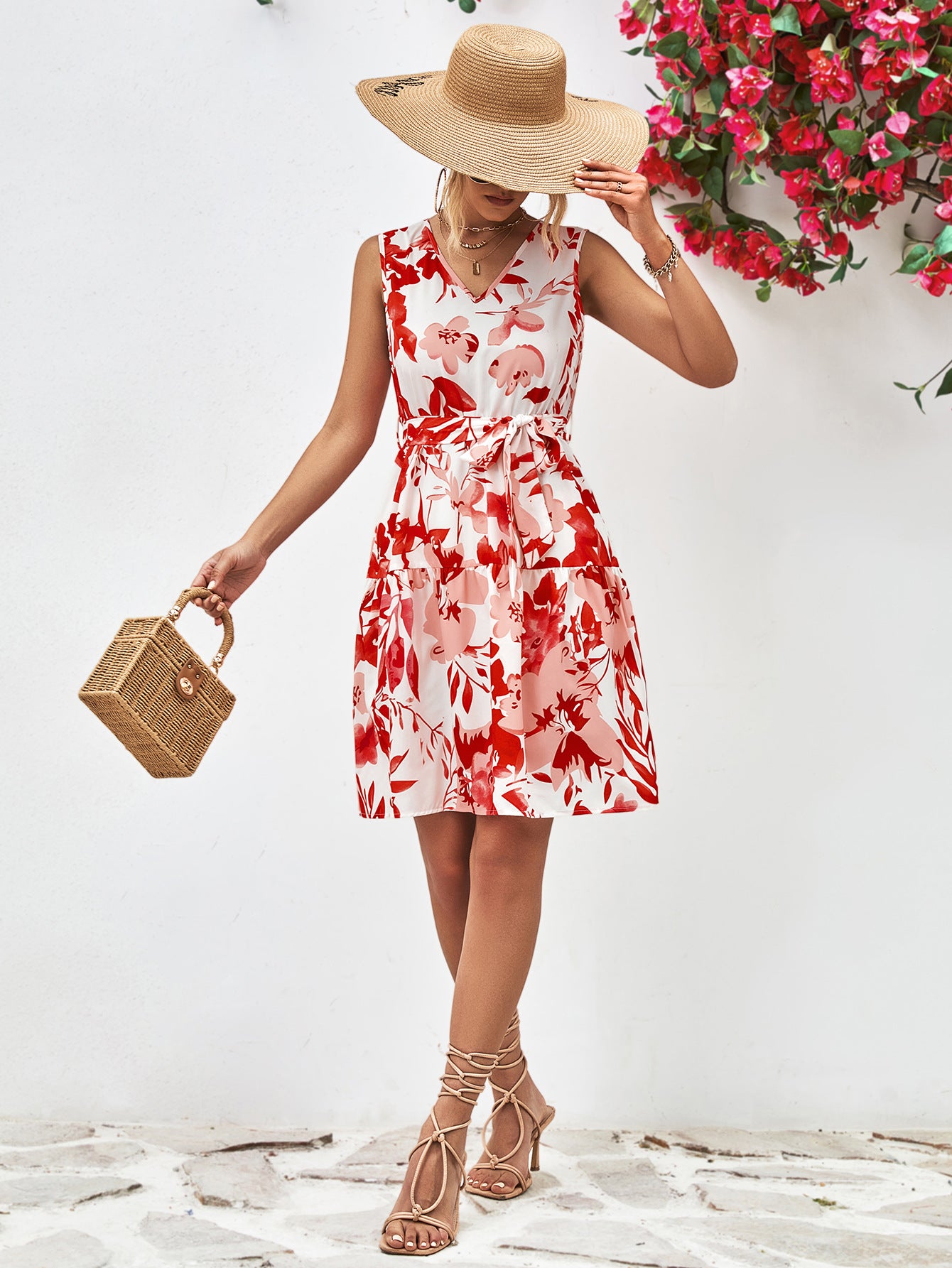 Floral V-Neck Tie Waist Sleeveless Dress