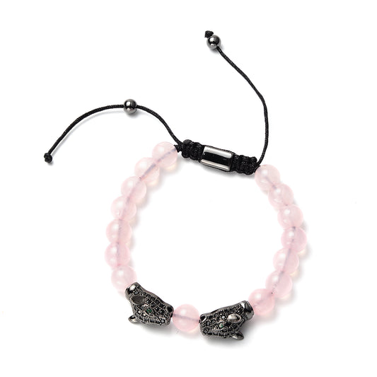 Galilea Rose Quartz, Simulated Black & Green Diamond Double Panther Head Bracelet