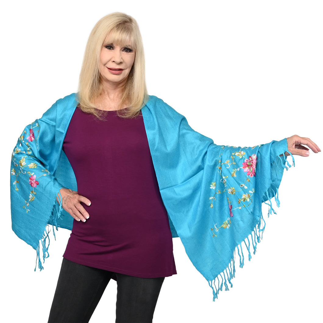 Ny Closeout Designer Inspired Turquoise Floral Vine Shawl